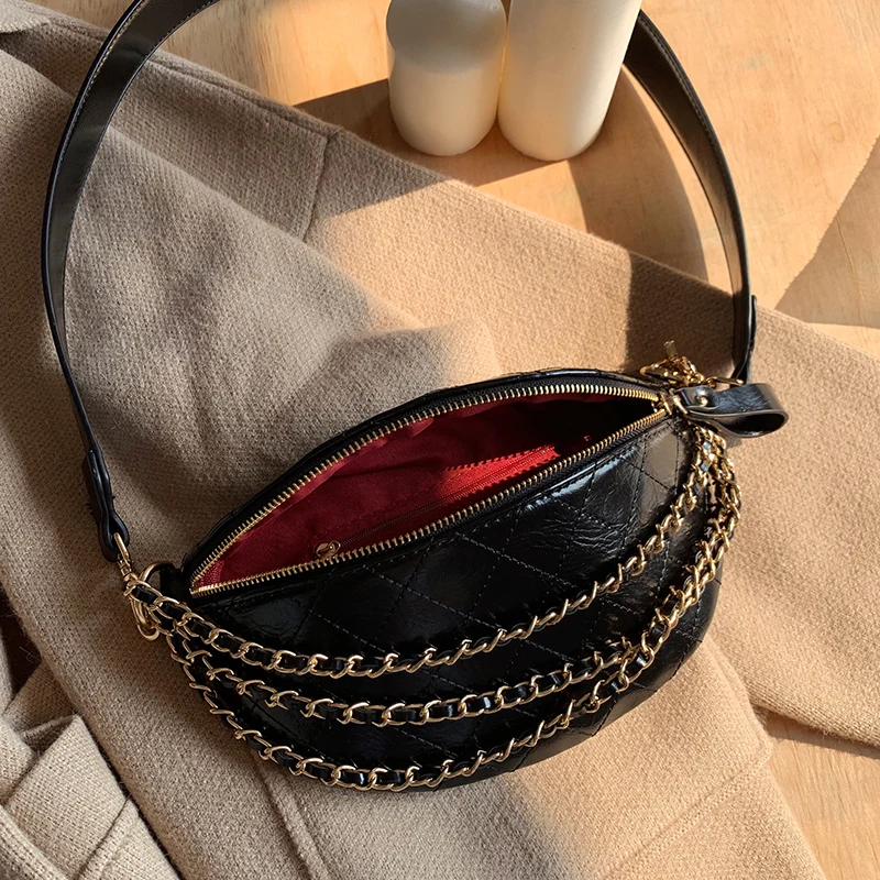 Elegant Diamond Lattice PU Leather Chain Waist Bags For Women Black Waist Packs Female Fanny Pack Wide Belt Strap Crossbody Bag