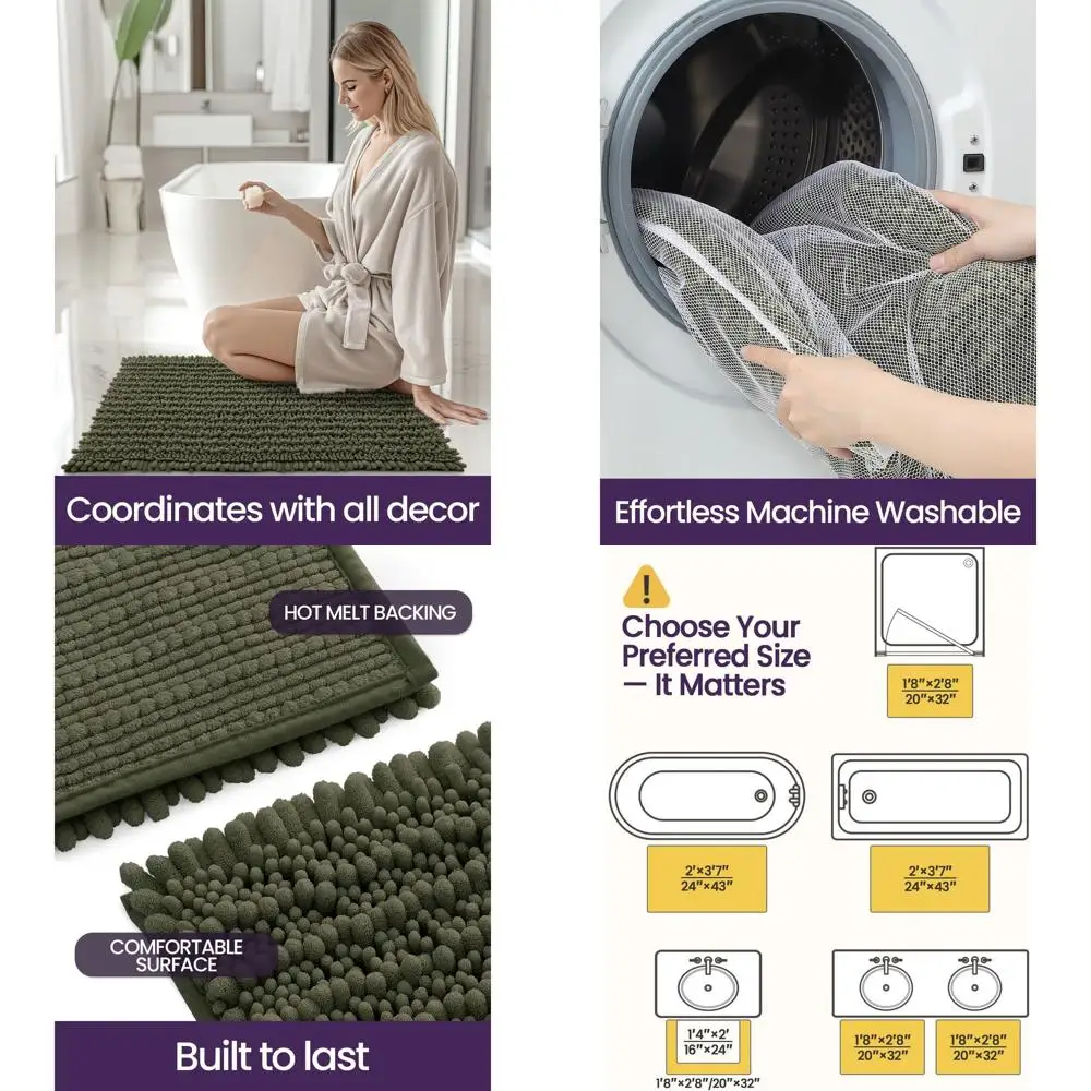 

Olive Green 24x43 Super Soft Thick Chenille Bath Mat, Non-Slip, Machine Washable, Plush Shag for Shower and Tub