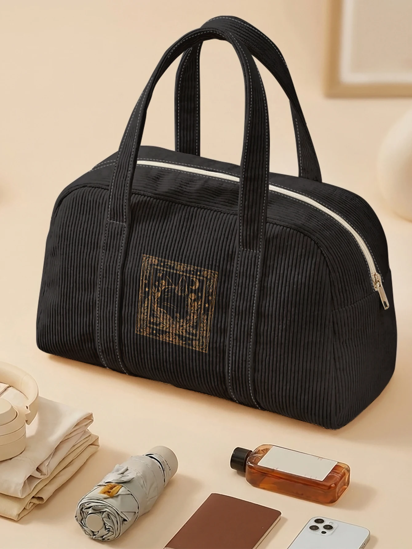 Vintage Cat Frame Print Handheld Duffle Bag, Large Capacity Portable Shoulder Bag For Travel Shopping And Daily Use