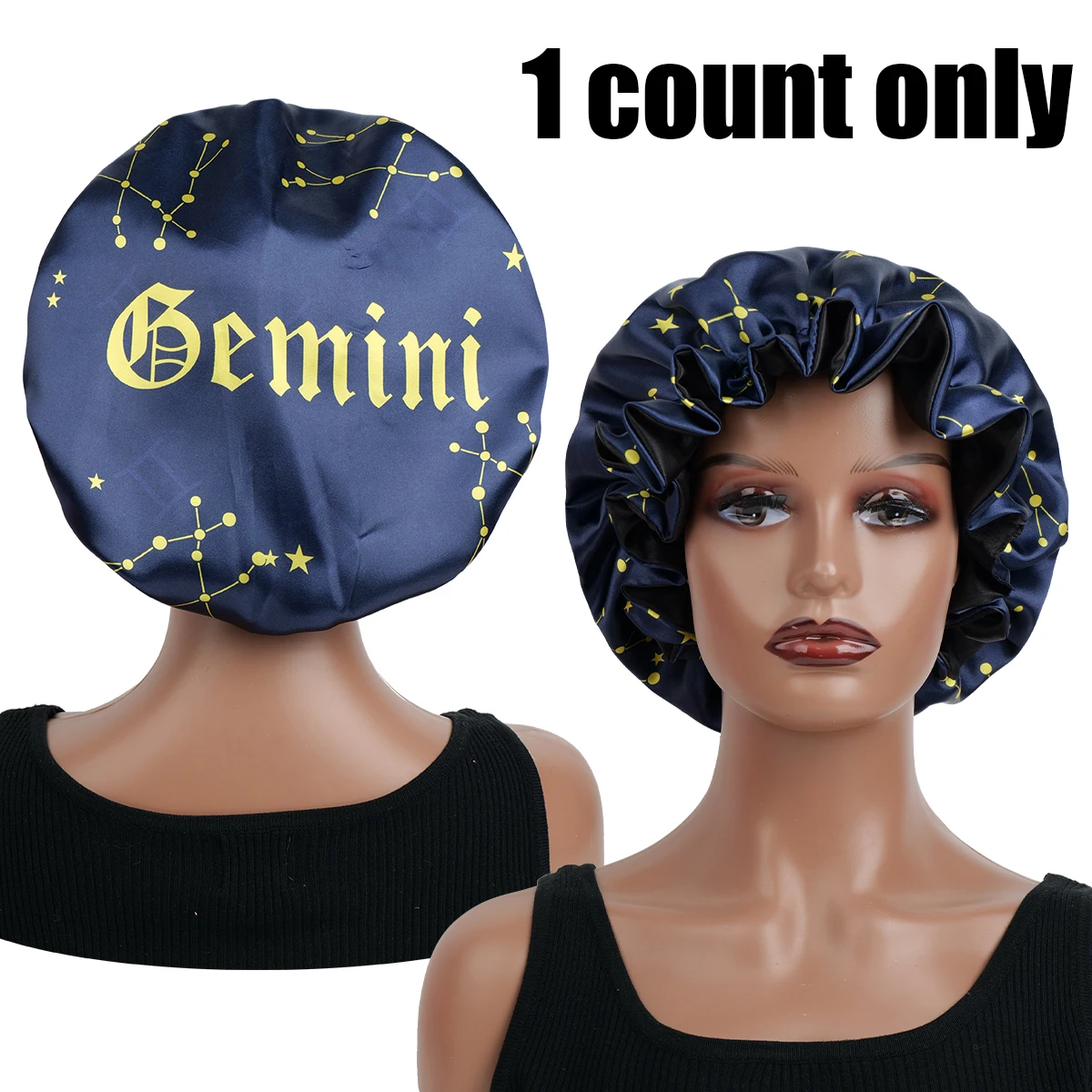 1 x Satin-Schlafhaube mit Sternbild-Aufdruck und breitem Band, weiche Wickelkappe, bequeme Kappe für den täglichen Gebrauch, Make-up und Gesichtswäsche