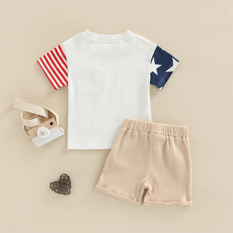 Boy s Patriotic Outfit Set with Short Sleeve Tee and Tie-up Shorts for Independence Day Celebration