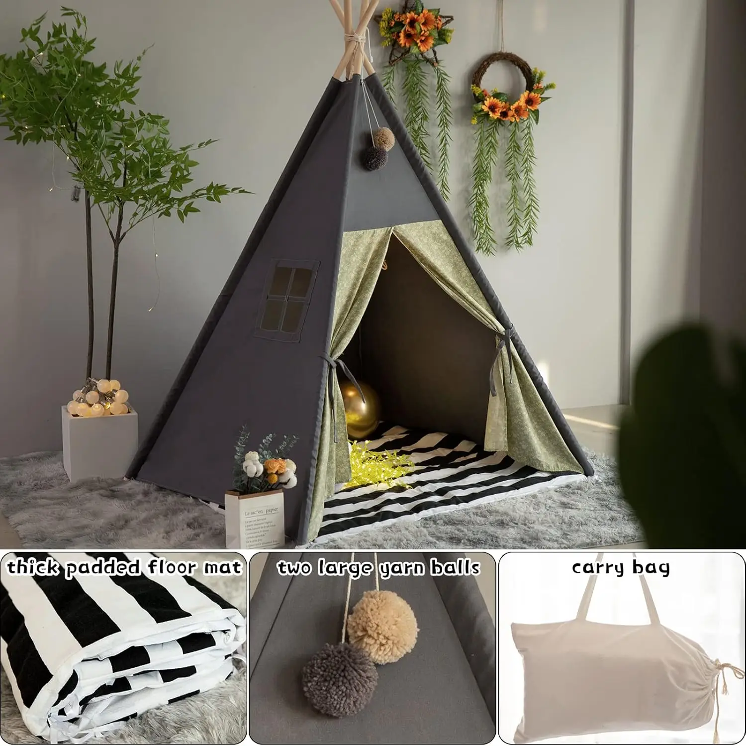 Tent for Kids Stripe Padded Mat Foldable Dark Tone Grey Play Tents for Girl and Boy with Carry Case Wooden Pole Printing