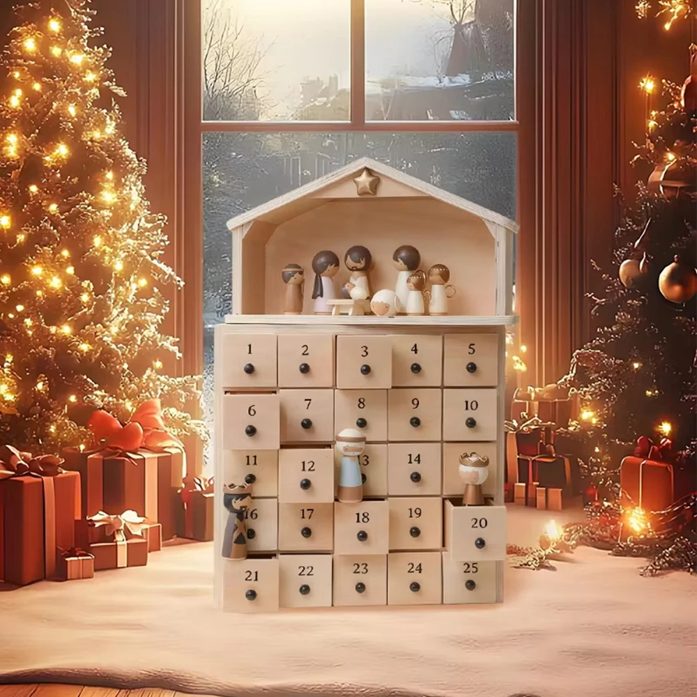 The Rescuer – Nativity Advent Calendar | 25-Drawer Wooden Chest 30-Piece Keepsake Figurine Set For Kids & Family