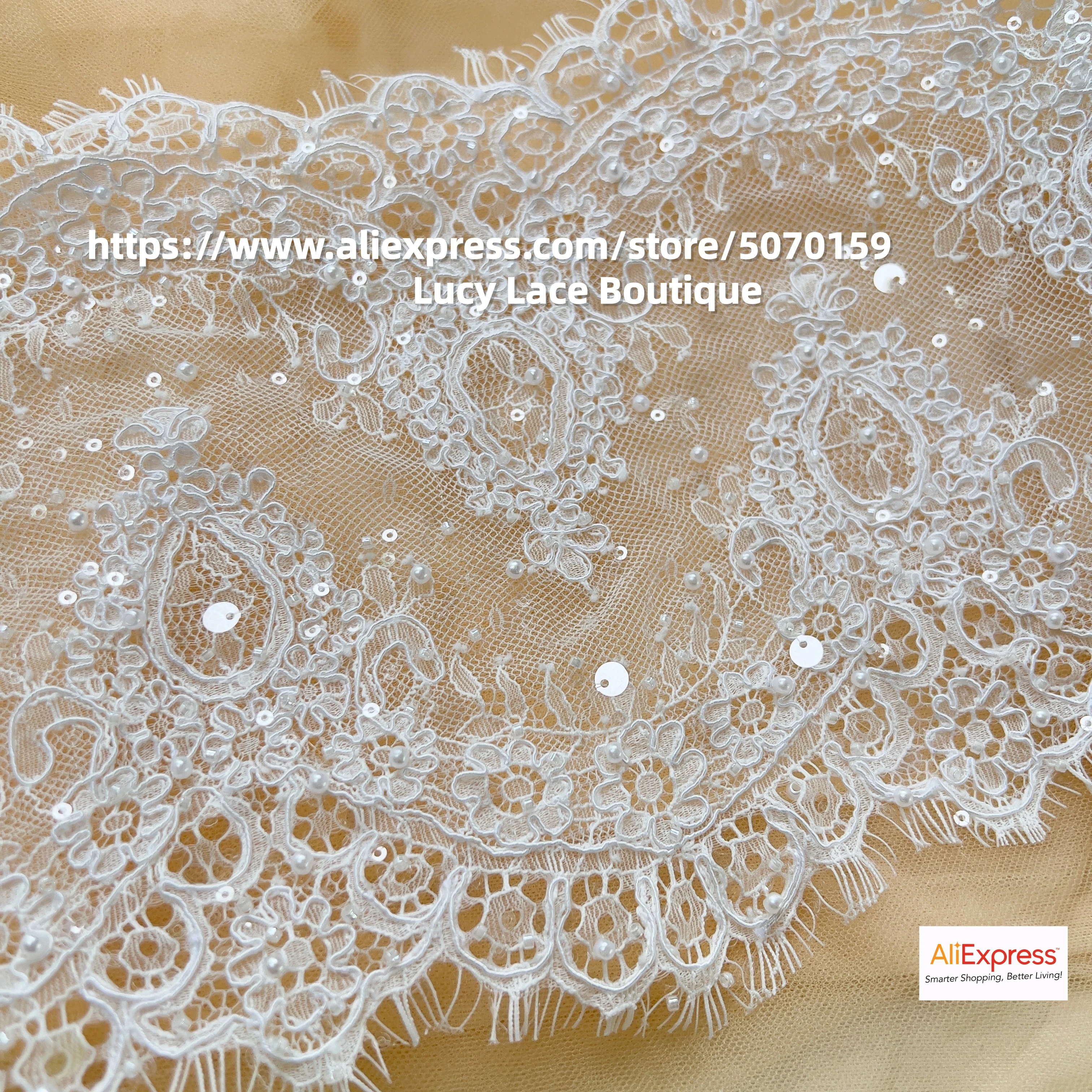 Błyszcząca koronka z koralikami, koronka sznurkowa, koronka francuska typu eyelash na wesele, szerokość 22CM/15CM, długość 3M, kolor złamana biel.