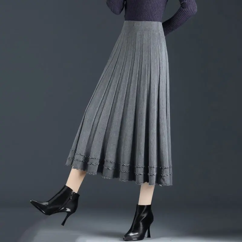 Korean Fashion Autumn Winter Women's Solid Elastic High Waist Screw ThreadSpliced Chic Mid-length A-line Knitted Pleated Skirt