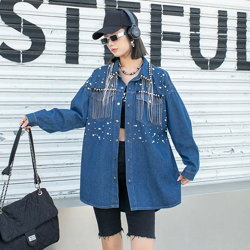 Spring New Fashion Pearl Beaded Chain Tassel Blue Thin Denim Shirt Jacket Women Loose Casual Lapel Long  Sleeve Jeans Jacket