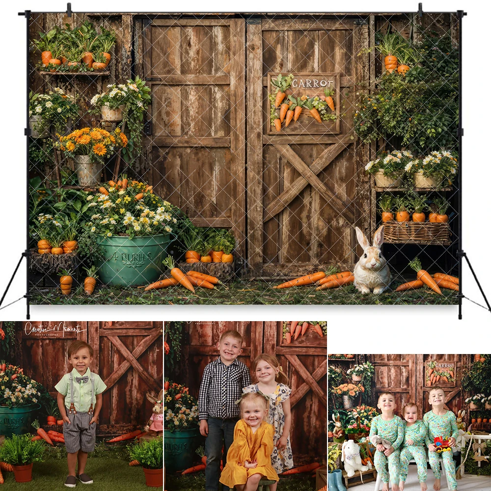 Photography Backdrop Spring Flower Carrot Bunny Dark Brown Barn Door Decor Background Kid Birthday Cake Smash Photo Studio Props