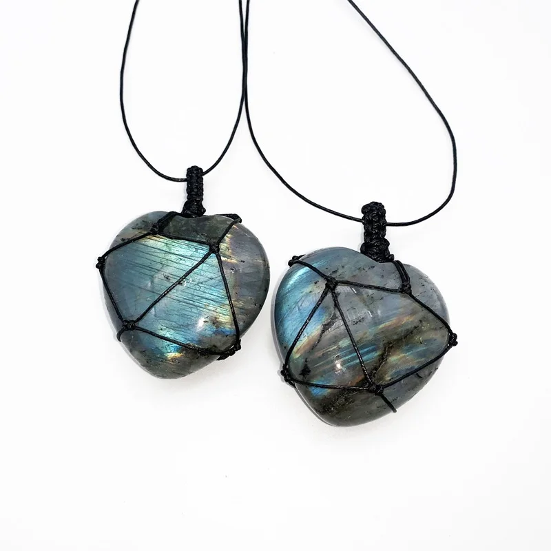 

Natural Hand-woven Labradorite Moonstone Heart Shape Pendant Necklace Heart Crystal Energy Stone Necklace