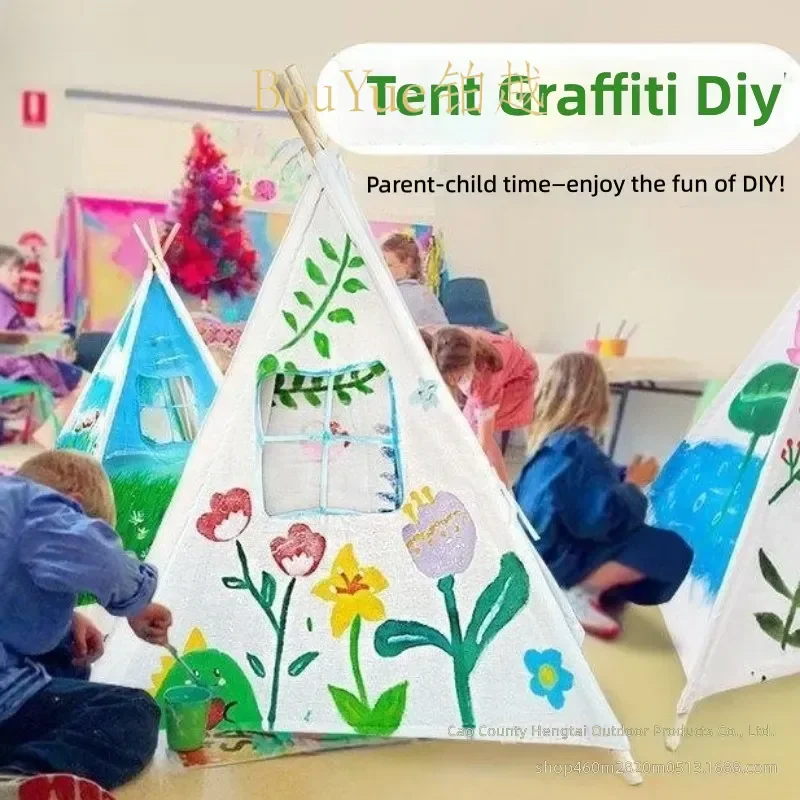 Kids DIY Painting Teepee Tent White Triangle Playhouse for Toddlers Outdoor Camping Picnic Graffiti Art Canvas House