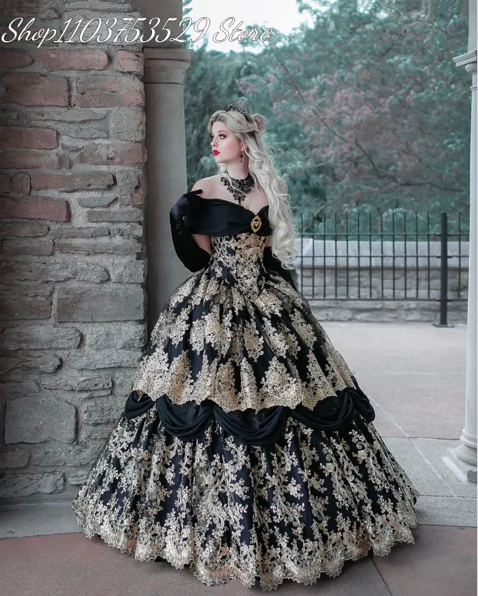 Black Gold Gothic Wedding Vintage Court Ladies Evening Dress Noble Lace Embroidery Fluffy A-line Role Play Princess Dresses