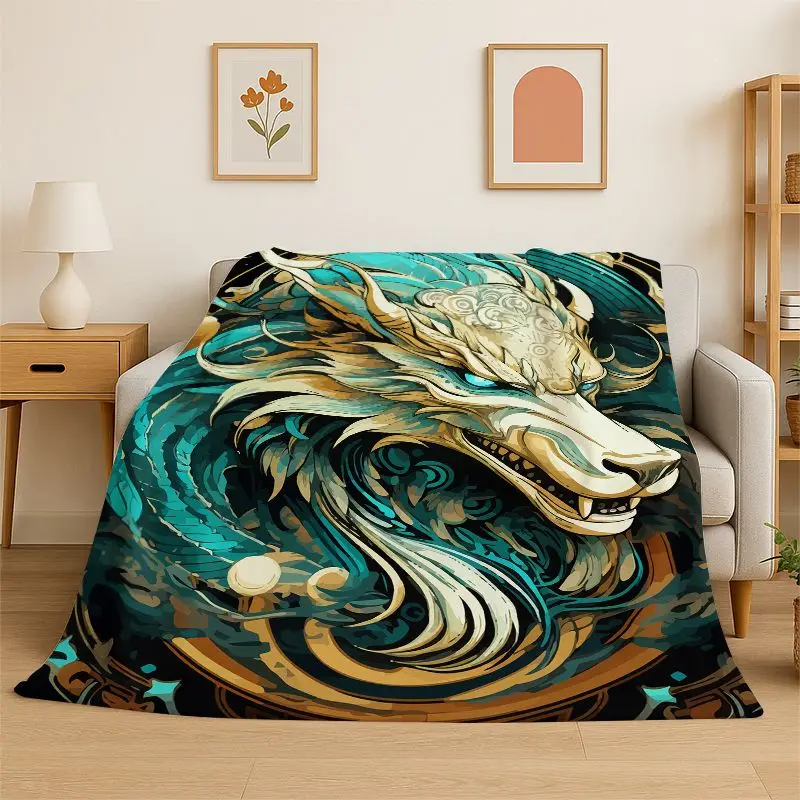 Dragon China Loong Cartoon Flannel Blanket Soft Throw Blanket for Bedroom Living Room Bed Travel Camping Picnic Nap Cover Gift