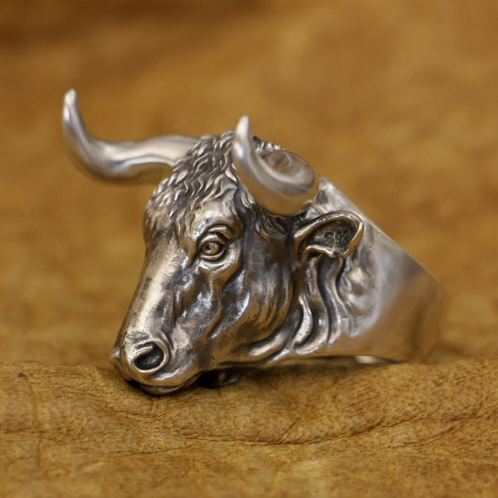 LINSION 925 Sterling Silver Buffalo Ring Punk Wild ox Ring TA394 US Size 7~16 BZ