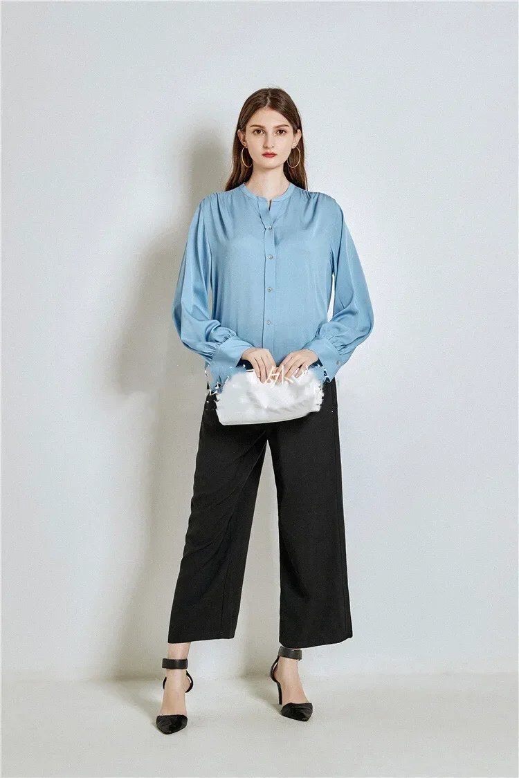 Women's V-Neck Sandwashed Silk Shirt, Loose and Lazy Style, Lantern Sleeves,23mm Real Mulberry Silk