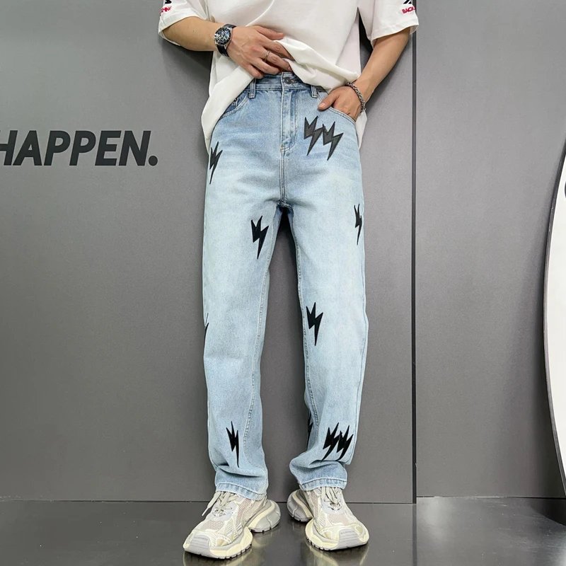 Washed American Lightning Printed Jeans Men's Loose Street plus Size Hip Hop Trend Korean StyleinsMop trousers