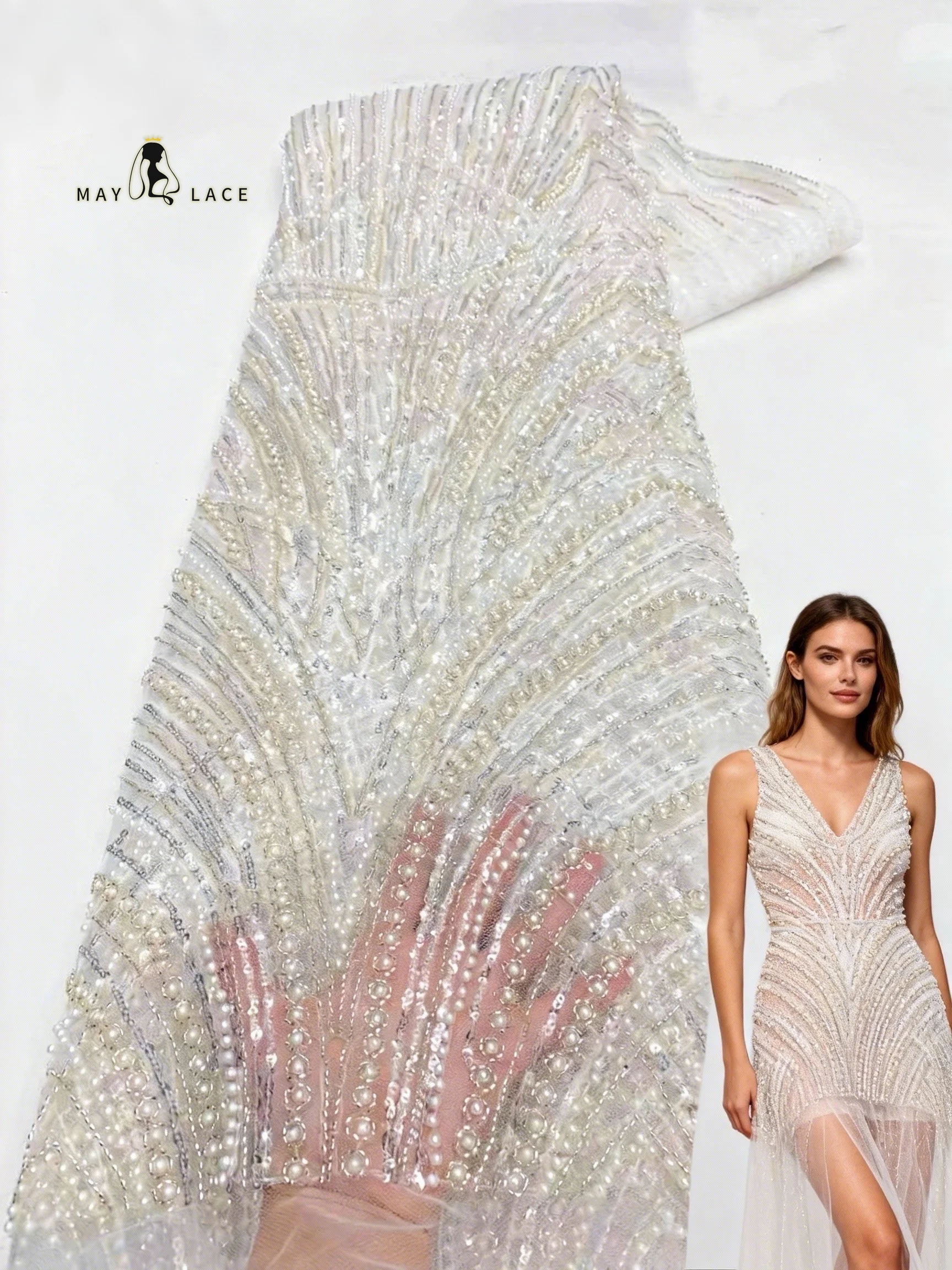 

White Lace Fabric 2026 High Quality Mesh Sequins Embroidery African French Nigerian Beaded Lace Fabrics For Bridal Wedding Dress