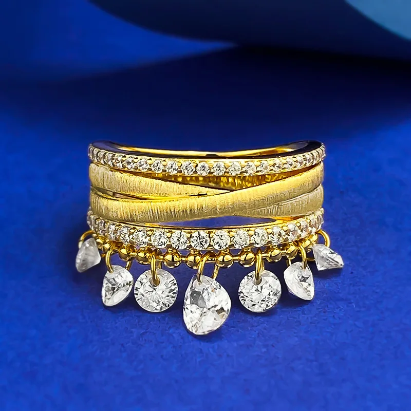 S925 silver gold-plated zircon inlaid stone dynamic tassel brushed three ring ring fashion socialite one piece hair replacement