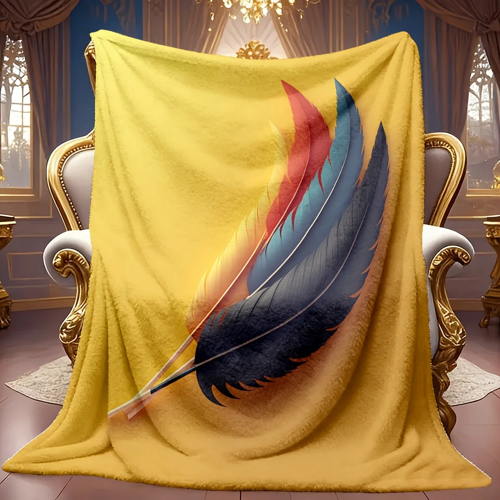 Elegant Mustard Yellow Feather Print Plush Throw Blanket Cozy Fleece Sofa Couch Decor Winter Bed Throw
