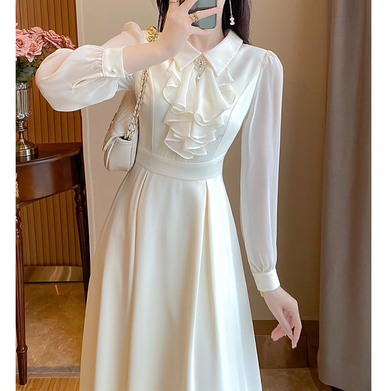 Vintage Ruffles Bow Elegant Fairy Party Dresses for Women 2023 Autumn Fashion White High Waist Slim Commuter Midi Dress Vestidos