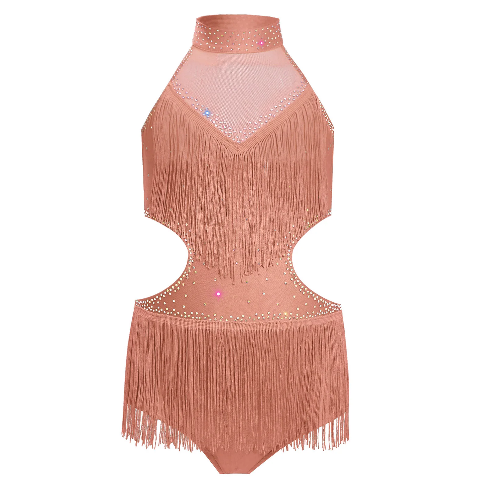 Enfants filles Latin Cha-cha Tango Samba danse justaucorps Costume enfant sans manches découpe dos nu glands strass frangé body