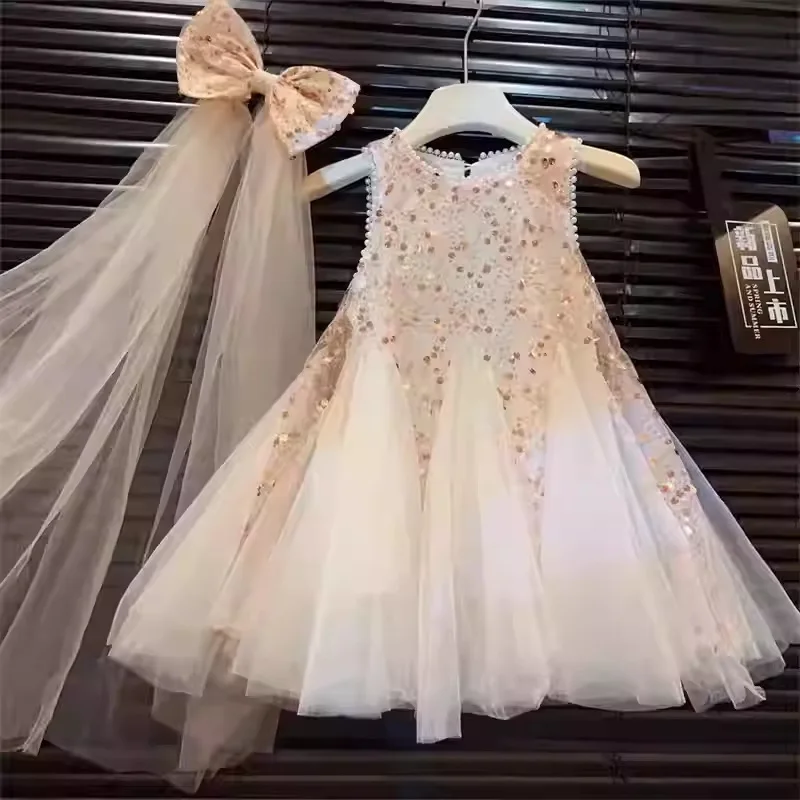 2026Summer New Girls' Sequin Sleeveless Dress, Trendy Sequin Mesh Puffy Princess Dress for Girls