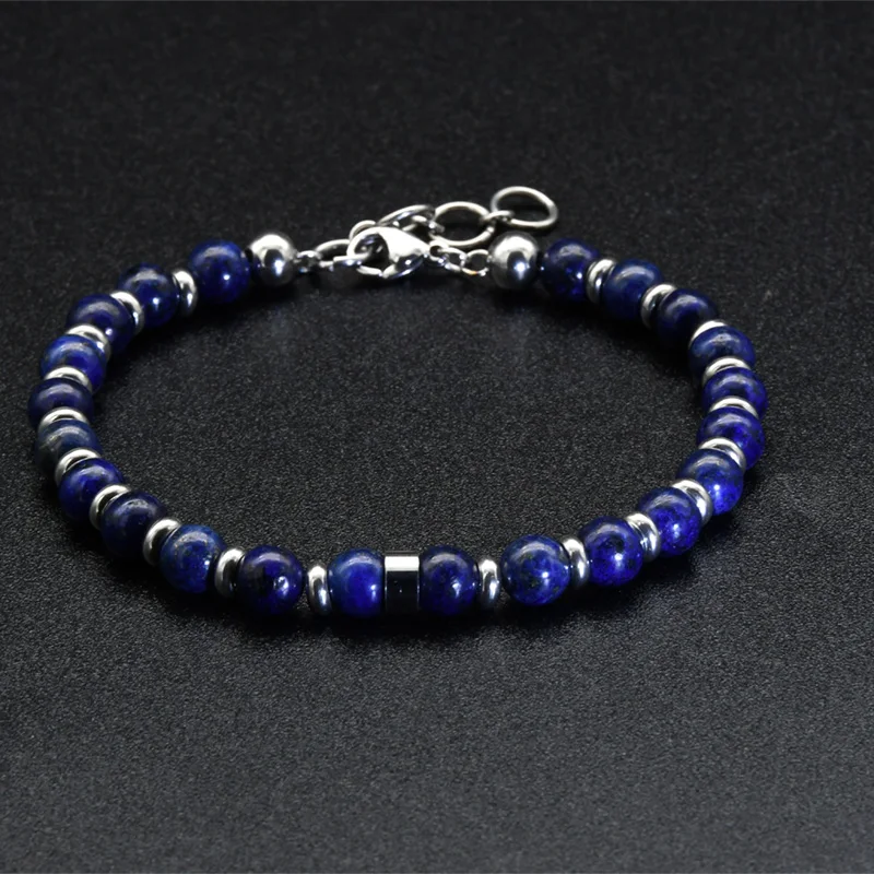 Classical Style Fashion Men and Women Jewelry 6mm Navy Blue Lapis Lazuli Stainless Steel Chain Bracelets