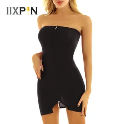 Womens Party Club Bodycon Mini Dress Strapless Double-ended Zipper Tube Dress Erotic Sheer Babydoll Stretchy Nightwear Sleepwear