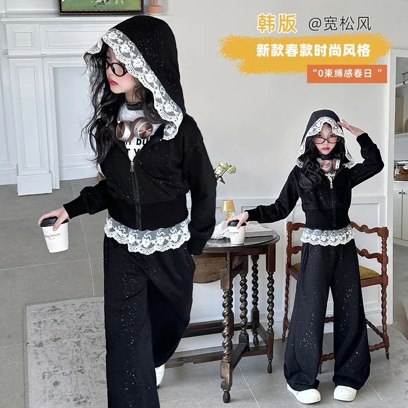 

2026 Spring New Girls Clothes Children Suit Teenager Lace Zipped Jacket Narrow Hooded Crop Top + Wide Leg Pants 4 -15 Years
