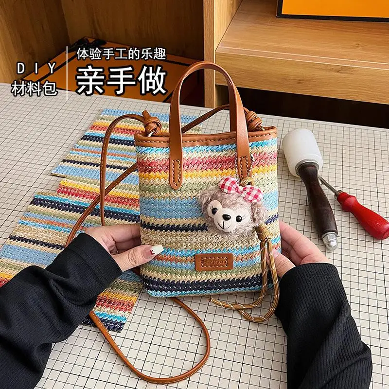 DIY Knitted Bag - Beginner Set - Rainbow Knitted Retro Artistic Shoulder Bag for Commuting - Striped Brown Womens Bag