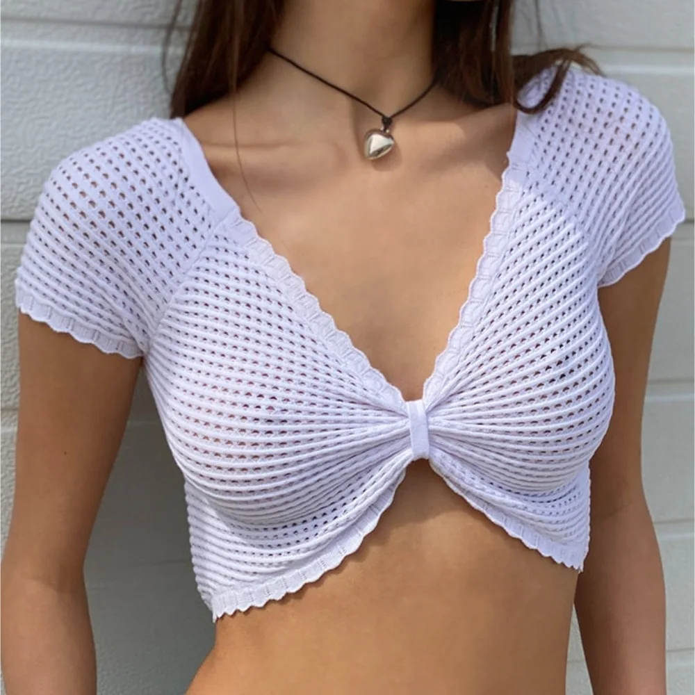 Summer 2026 Sexy Knitted Hollow out Short Sleeve Women's Top Cross-Border New Style Outerwear Tank Top for Ladies