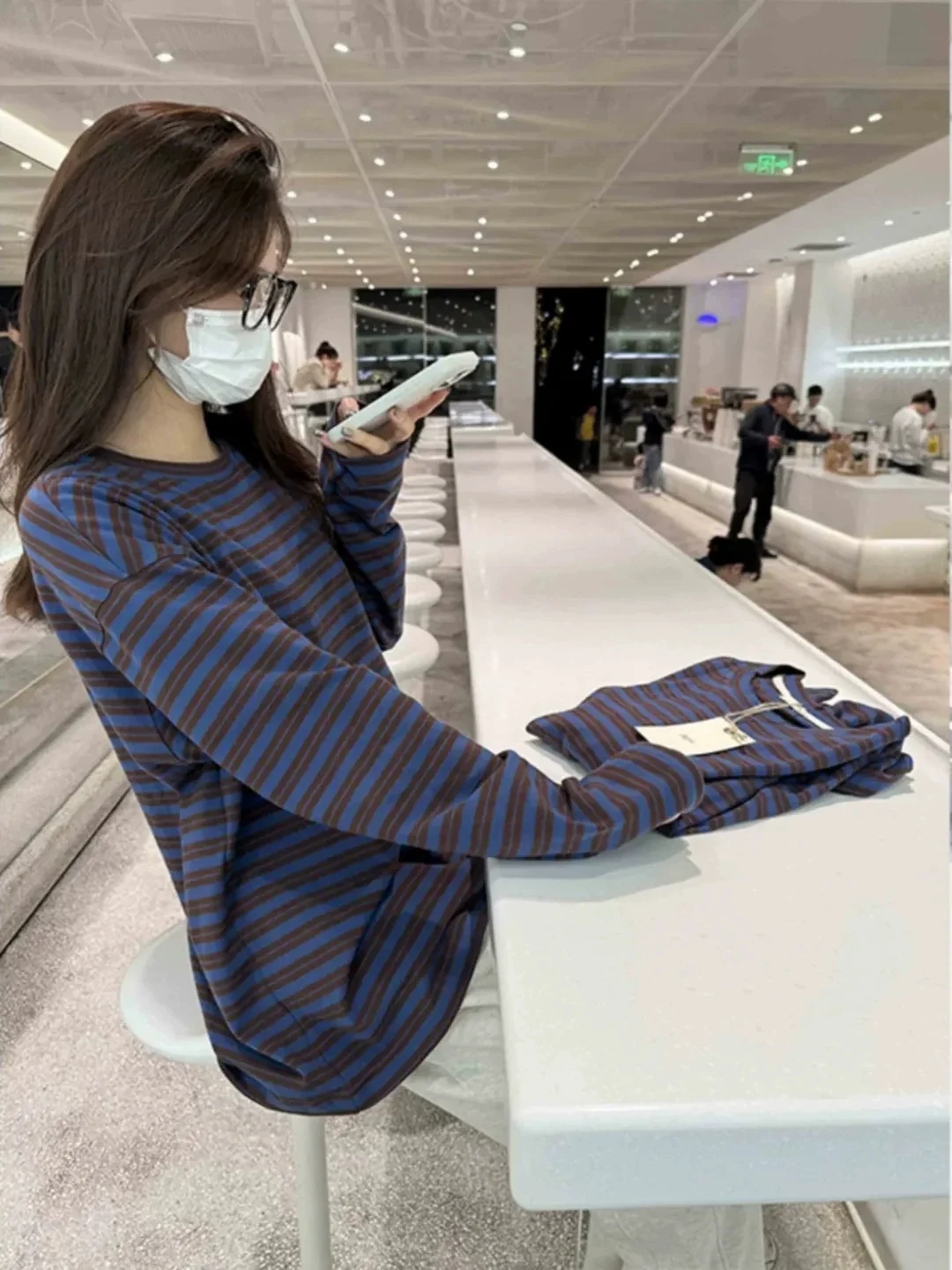 Vintage Stripe Long Sleeve round Neck Loose Fit Women's T-Shirt Thin Autumn Top Casual Style Color Block Sweat Absorbent Fabric