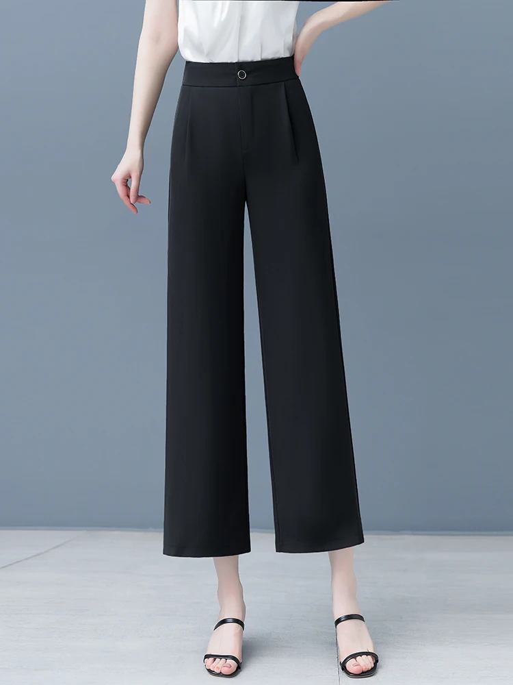 

High Waist Wide Leg Pants Women Summer Thin Ice Silk Draping Chiffon Trousers Korean Style Loose Fit Casual Straight Leg Pants