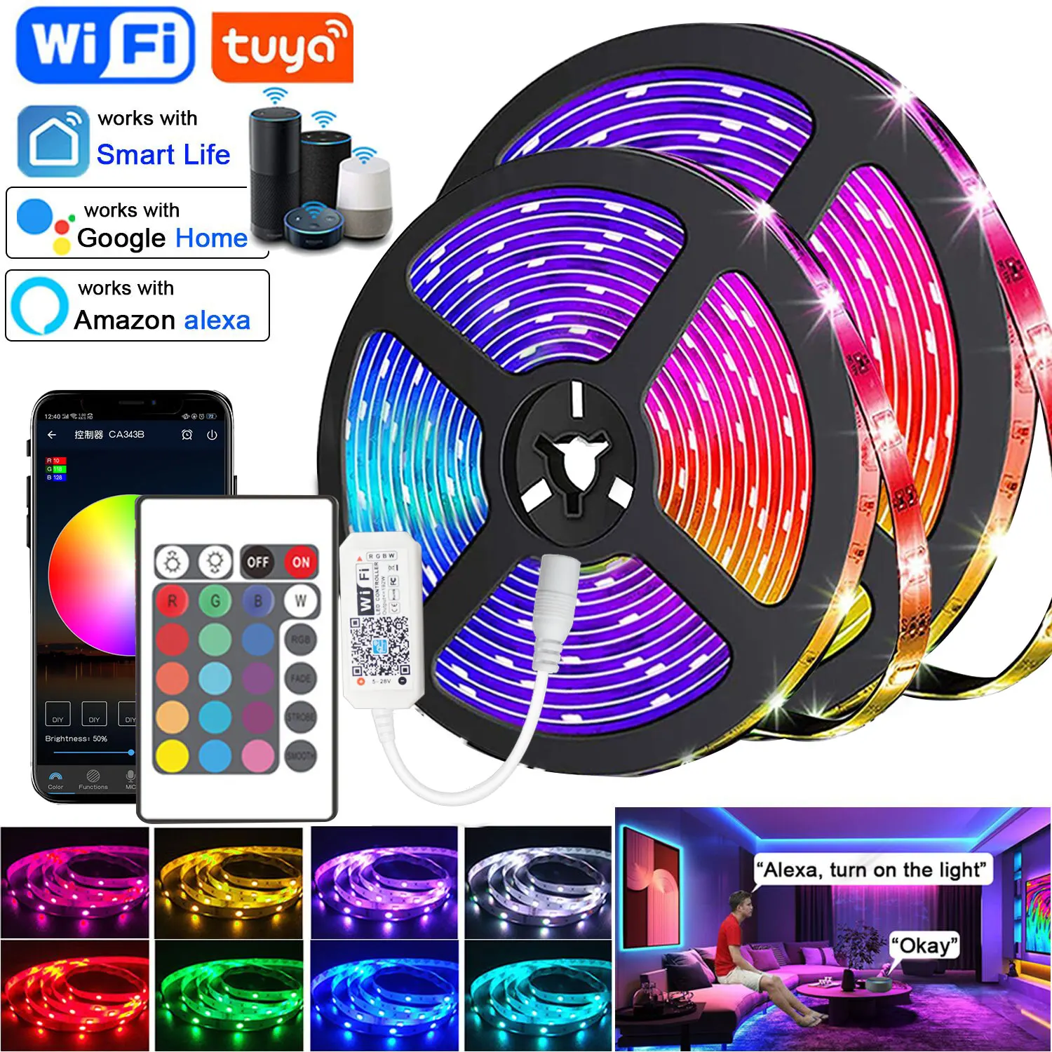 RGB LED Strip Lights para decoração do quarto, fita LED multicolor, Wifi, Alexa, controle Bluetooth, 5050, 2835, 12V