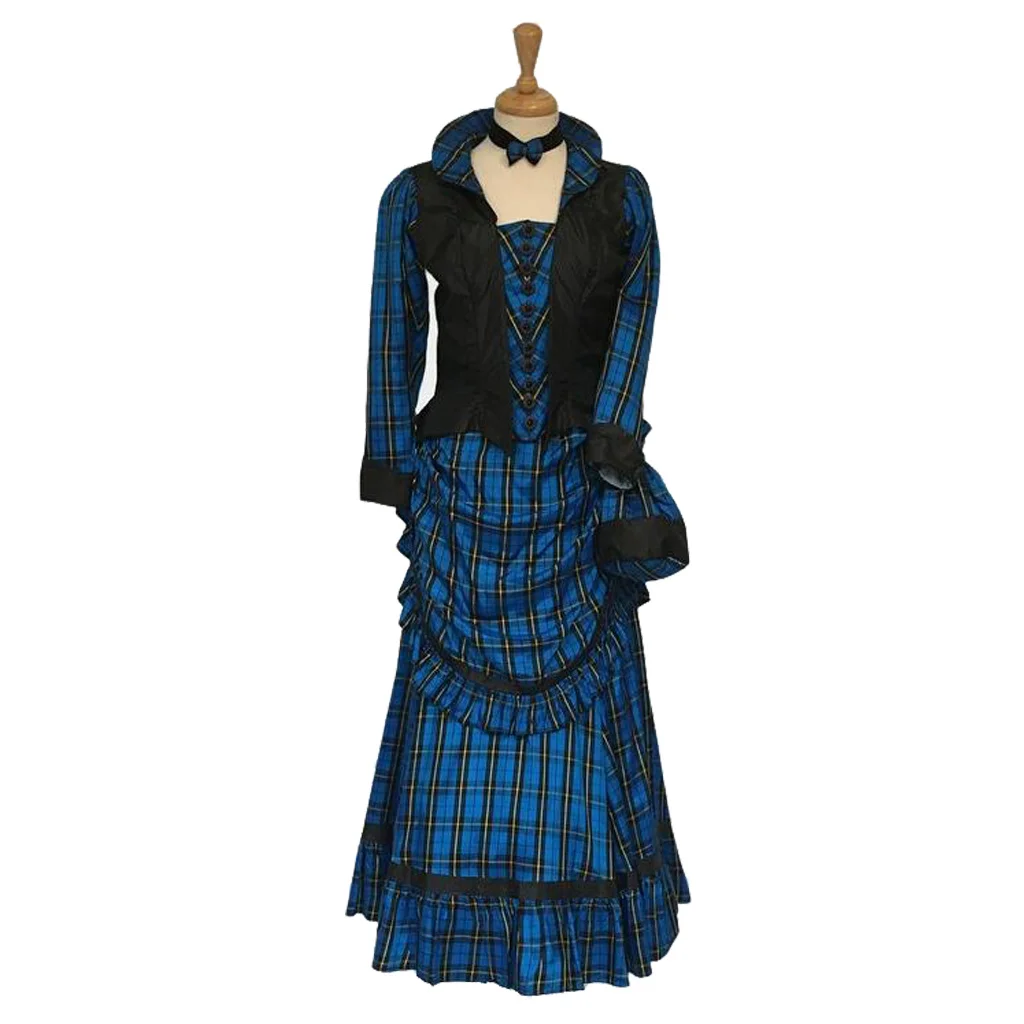 18th Century Victorian Blue Plaid Bustle Dress Costume Women Victorian Scotland Highland Dress Walking Dress Christmas Dress