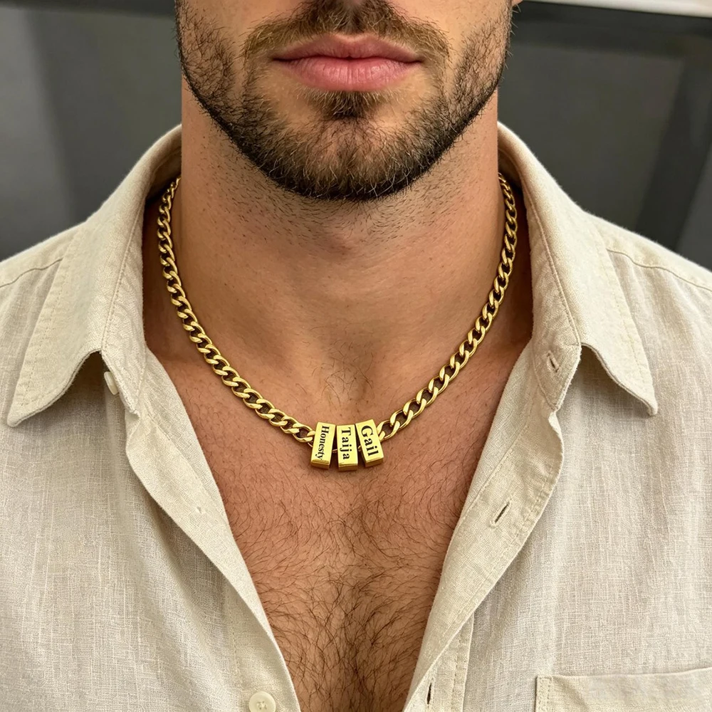 Men Personalized Stacked Cube Name Tag Necklace Stainless Steel Custom Family Names Curb Chain Male Daily Accessory