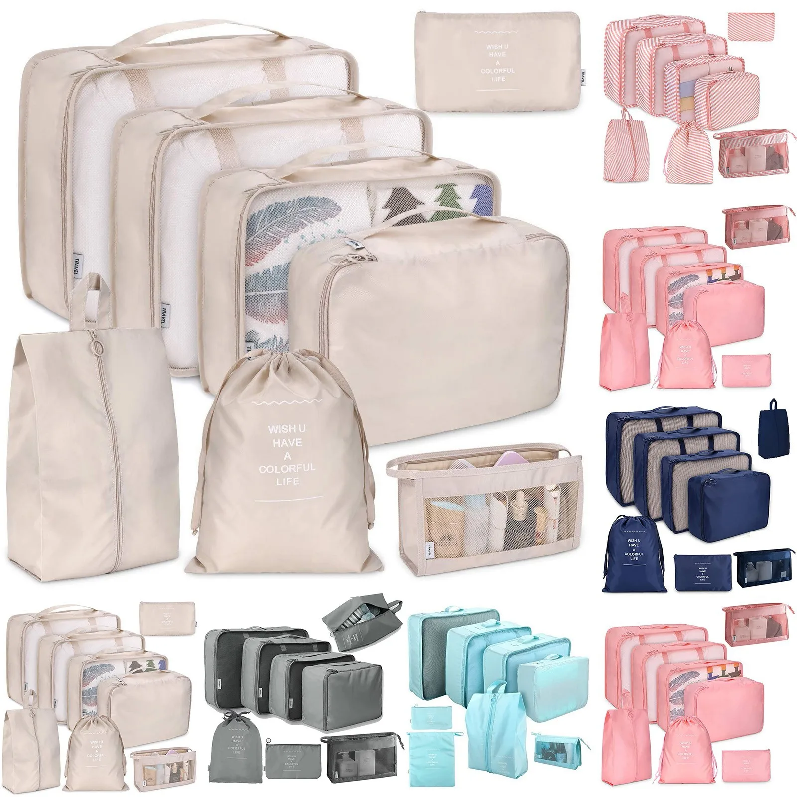 8Pcs Travel Storage Bags Set Lightweight Luggage Organizer Foldable Waterproof Clothes Shoe Underwear Sorting Pouch for Suitcase