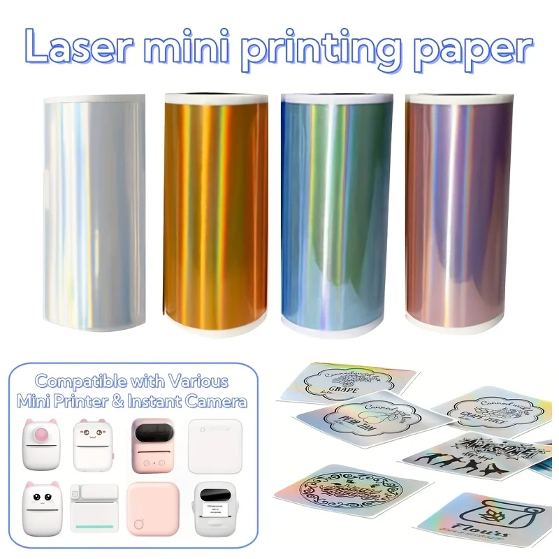 Holografisches Thermopapier, silbrig, golden, lila, selbstklebend, für Mini-Drucker, DIY-Etiketten, Dankeskarten, Werbeartikel