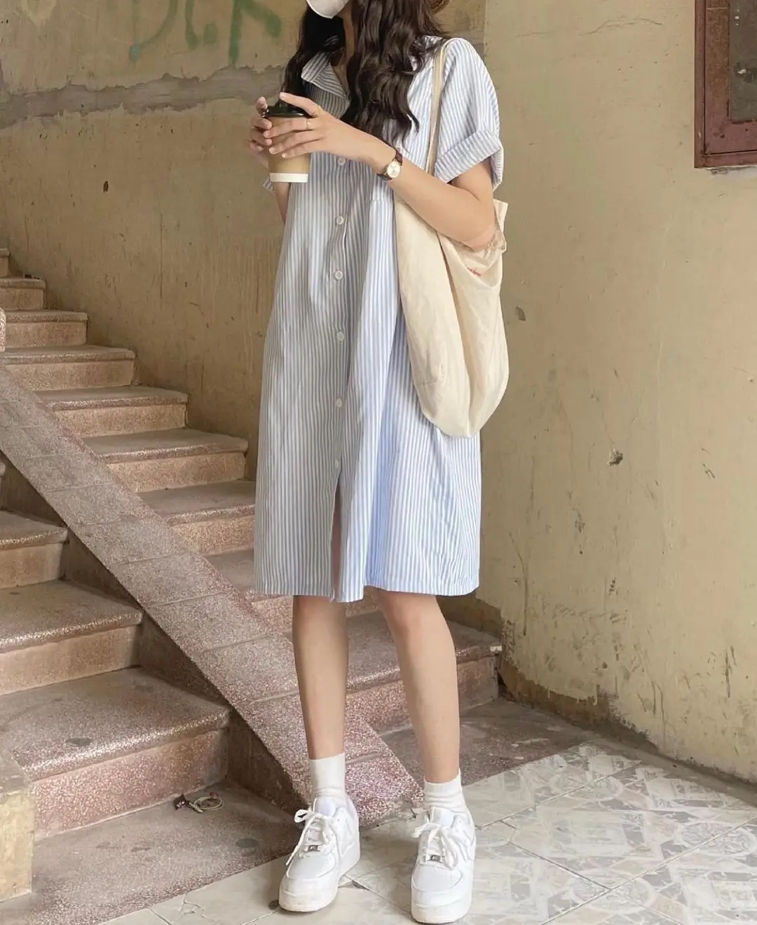 Summer New Stripe Shirt Dress Women's Base Layer Short Sleeve Thin Top Middle Length  Collar Single Piece Other 100%