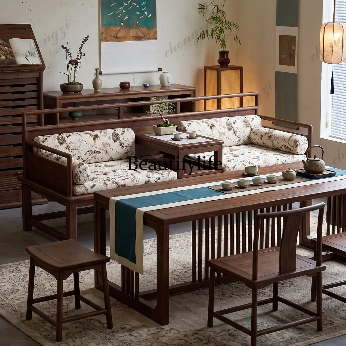 Song-style aesthetics, solid wood arhat bed, new Chinese elm living room sofa bed, tea room Zen-style long lounge chair 3