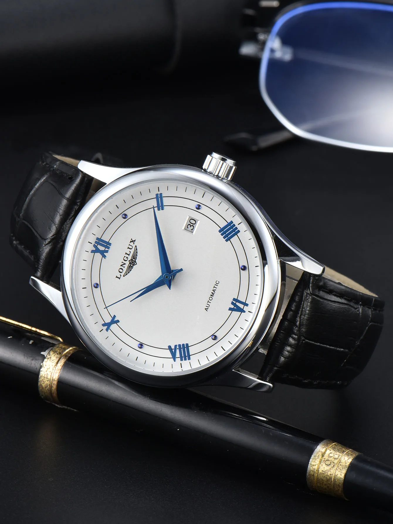 LONGLUX automatische Herrenuhr Großhandel mechanische Uhren einfach vielseitig Datum wasserdicht Mode Leder Herrenuhr Herren Geschenk