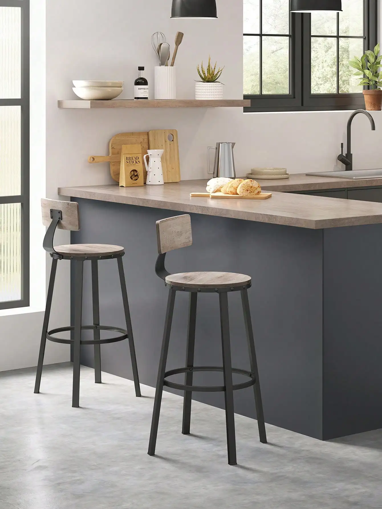 VASAGLE Set di 2 sgabelli da Bar, sedie da colazione da cucina con schienale, struttura in acciaio, sedile alto 73 cm, facile montaggio, stile industriale