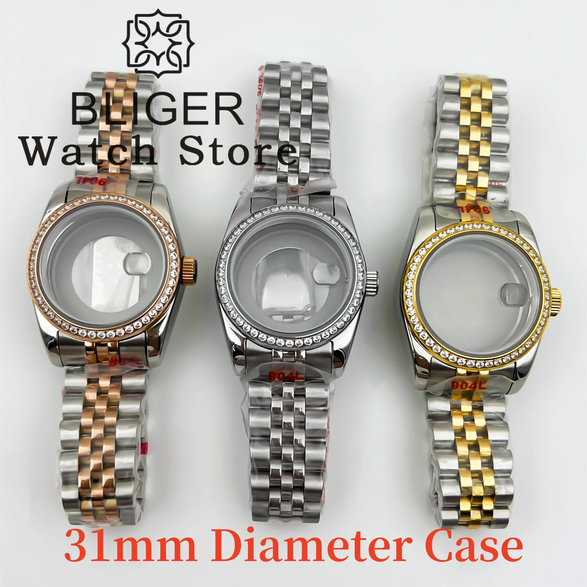 

BLIGER 31mm Watch Case With Bracelet Silver Gold Silver Rose gold Case diamond Bezel Sapphire Glass Fit NH05 NH06 Movements