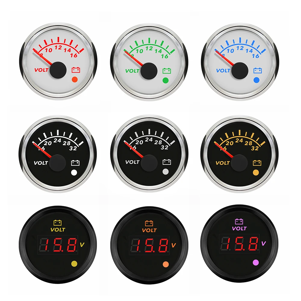 ELING 52mm Voltmeter 8-16V 16-32V 9-32V Volt Gauge with 8 Colors Backlight and Alarm for Car Boat Yacht Truck Universal