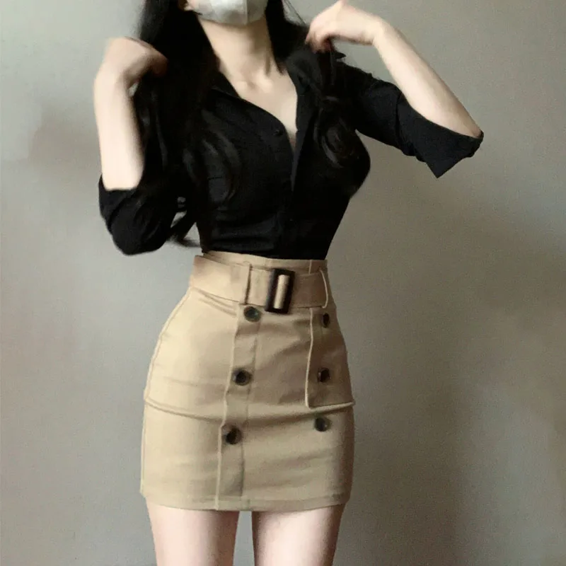 Fashion Elegant Khaki Skirts Women Summer High Waist Sexy Mini Pencil Skirt Vintage Jupe Femme