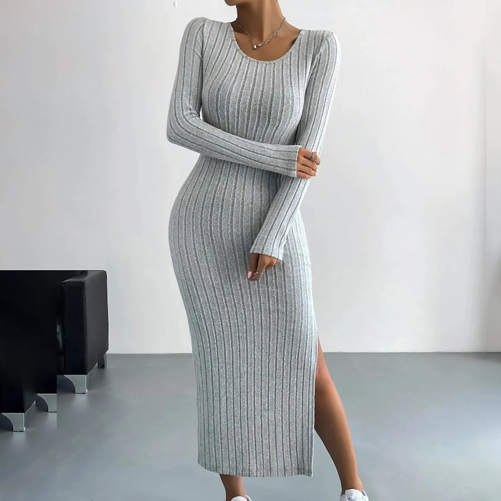 

Elegant Women Dresses 2024 Autumn Winter New Casual Long Sleeve Round Neck Split Knit Fashion Slim Long Dress Female Clothing