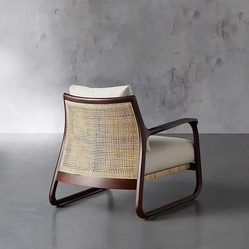 Vintage Nordic Rattan Sofa Chair Solid Wood Recliner Casual Living Room Bedroom Bar Hotel Use Single Person