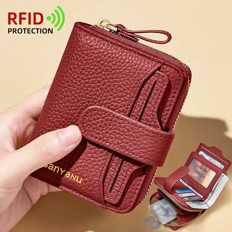 Women Short Wallet Genuine Top Layer Cowhide RFID Blocking Zipper Purse 9 Card Slots Multi-functional Coin Pocket Leather Wallet