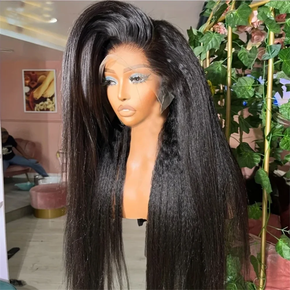 

Yaki 26 inch Soft black 180 Density Kinky straight Lace Front Wig For Women With Baby Hair Synthetic Preplucked Glueless Daily
