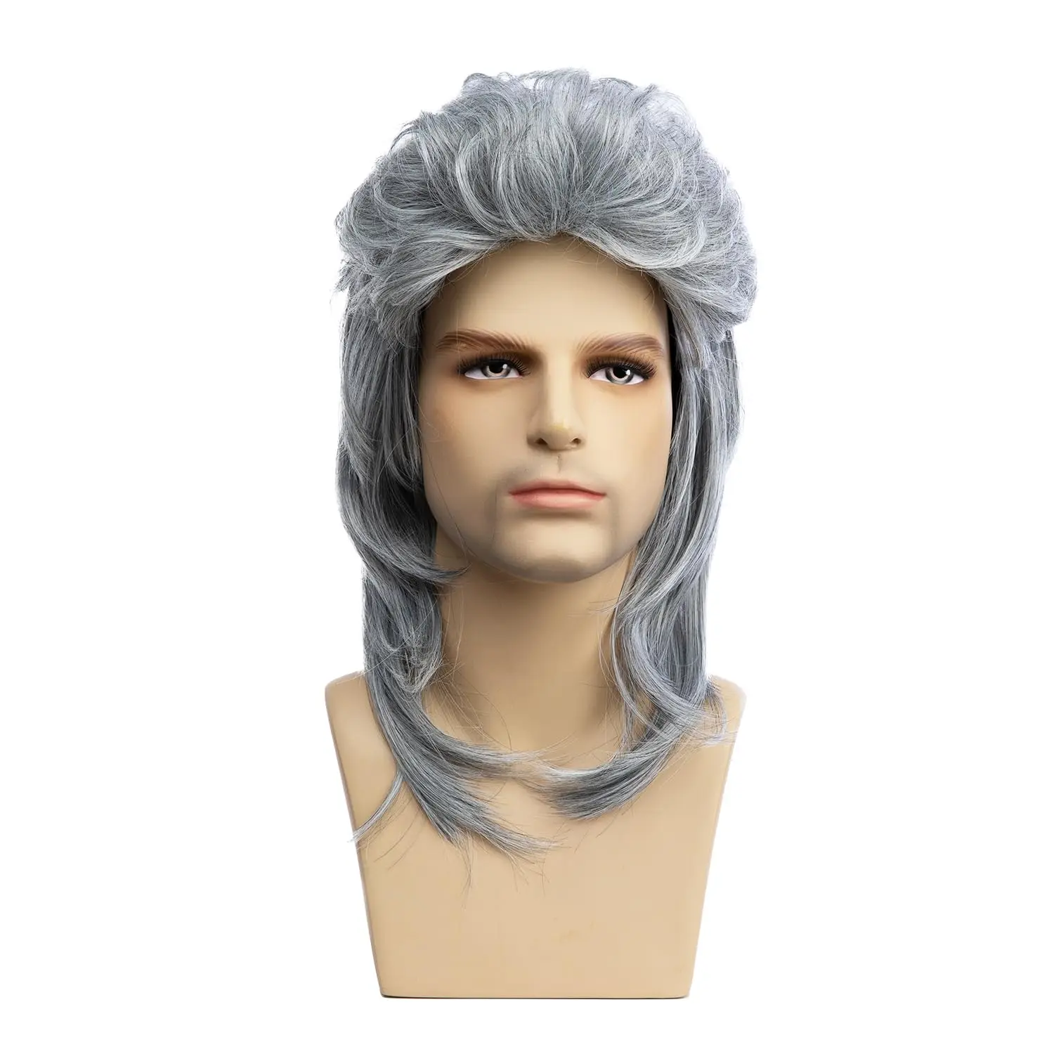 Pelucas Sallcks Plateadas Grises Estilo Mullet para Hombre, Peluca Larga de los 80, Estilo Punk Rocker, Pelucas Sintéticas para Disfraces de Halloween para Hombre