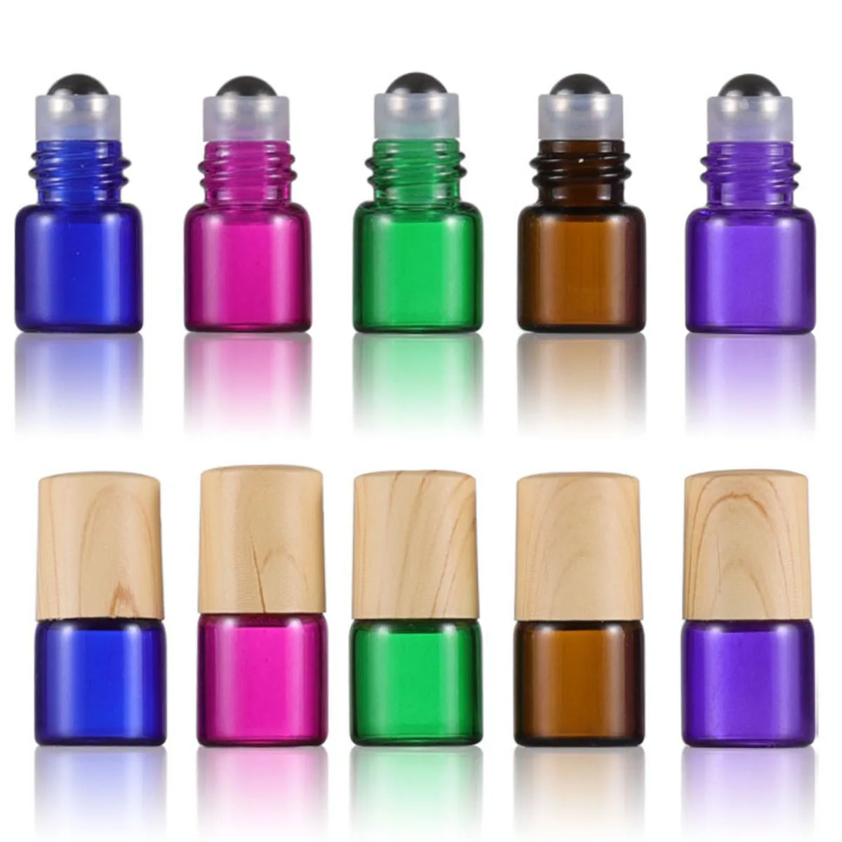 200X 1ml Mini Glass Roll on Bottle Sample Vials Roller Ball for Perfume Essential Oils Wood look Plastic Cap/Lid Portable