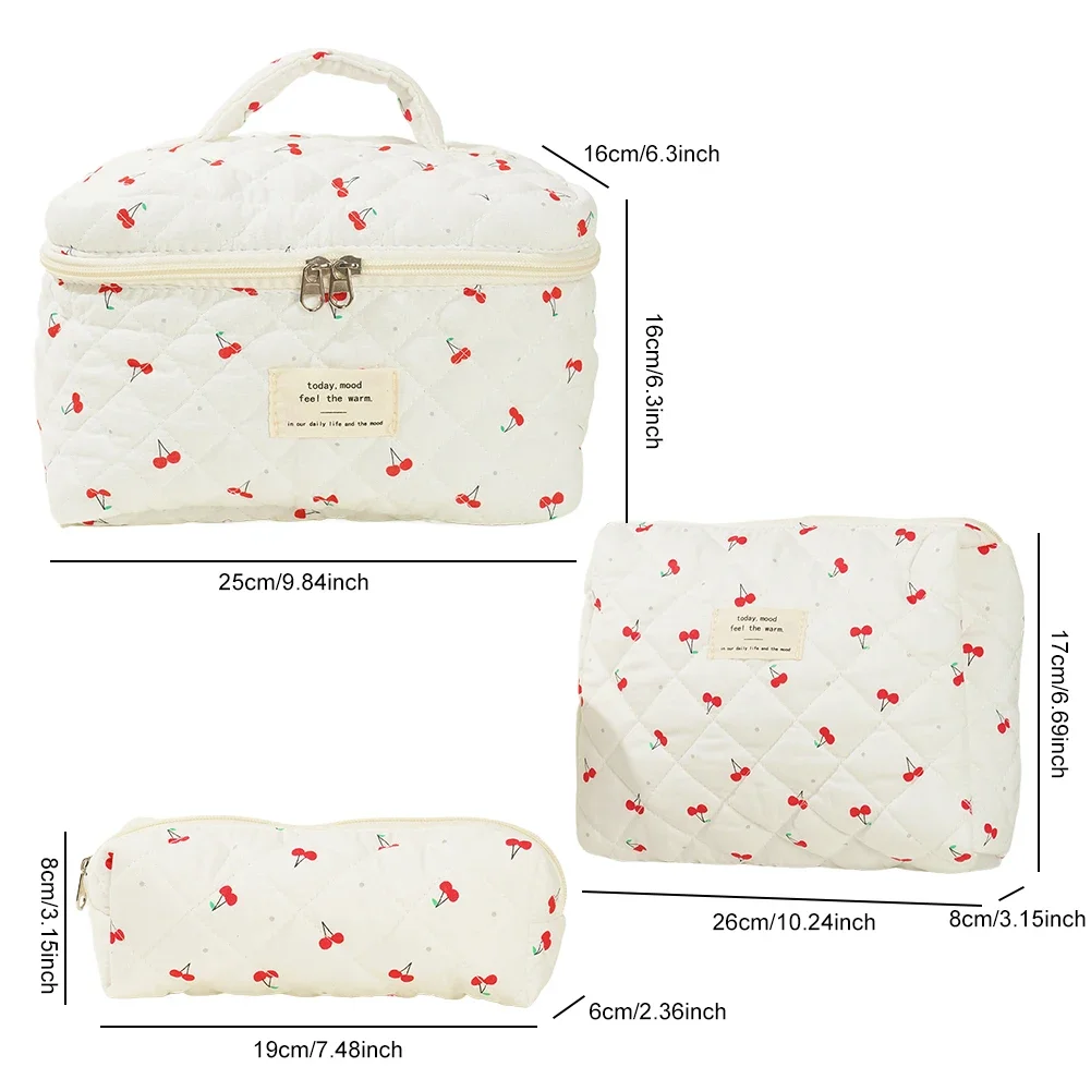 3 pz/set borsa per il trucco trapuntata da donna borsa cosmetica con motivo a ciliegia con pochette e astuccio per penne borse da viaggio di grande